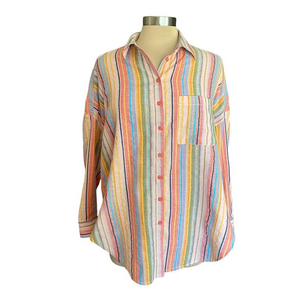 ANTHRO Pilcro Long Sleeve Striped Boyfriend Oversized Shirt S/M Casual Work Fall - Picture 2 of 12